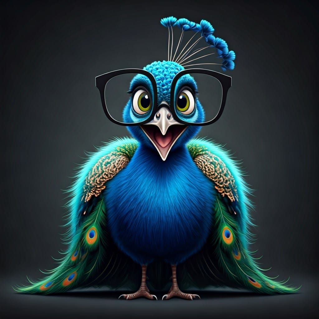 Wacky Adorable Peacock in Big Black Glasses