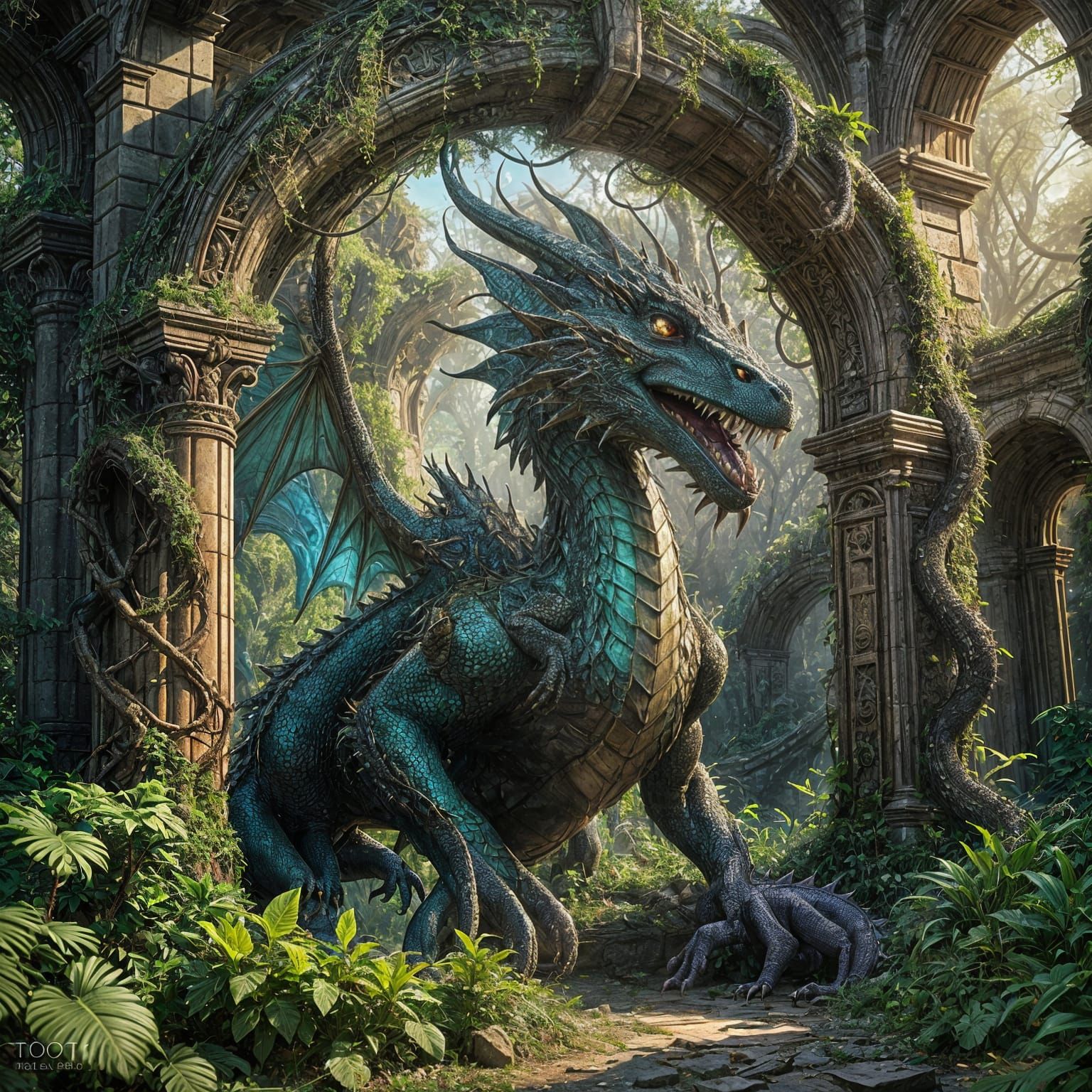 Iridescent Dragon Guarding Steampunk Vortex Portal