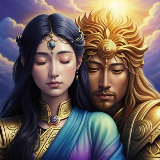 Moon Goddess and Sun God in Oil Painting Style
