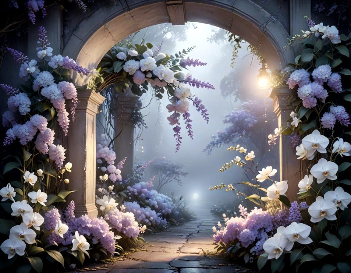 Elegant Archway of Lavender Hydrangeas and Orchids