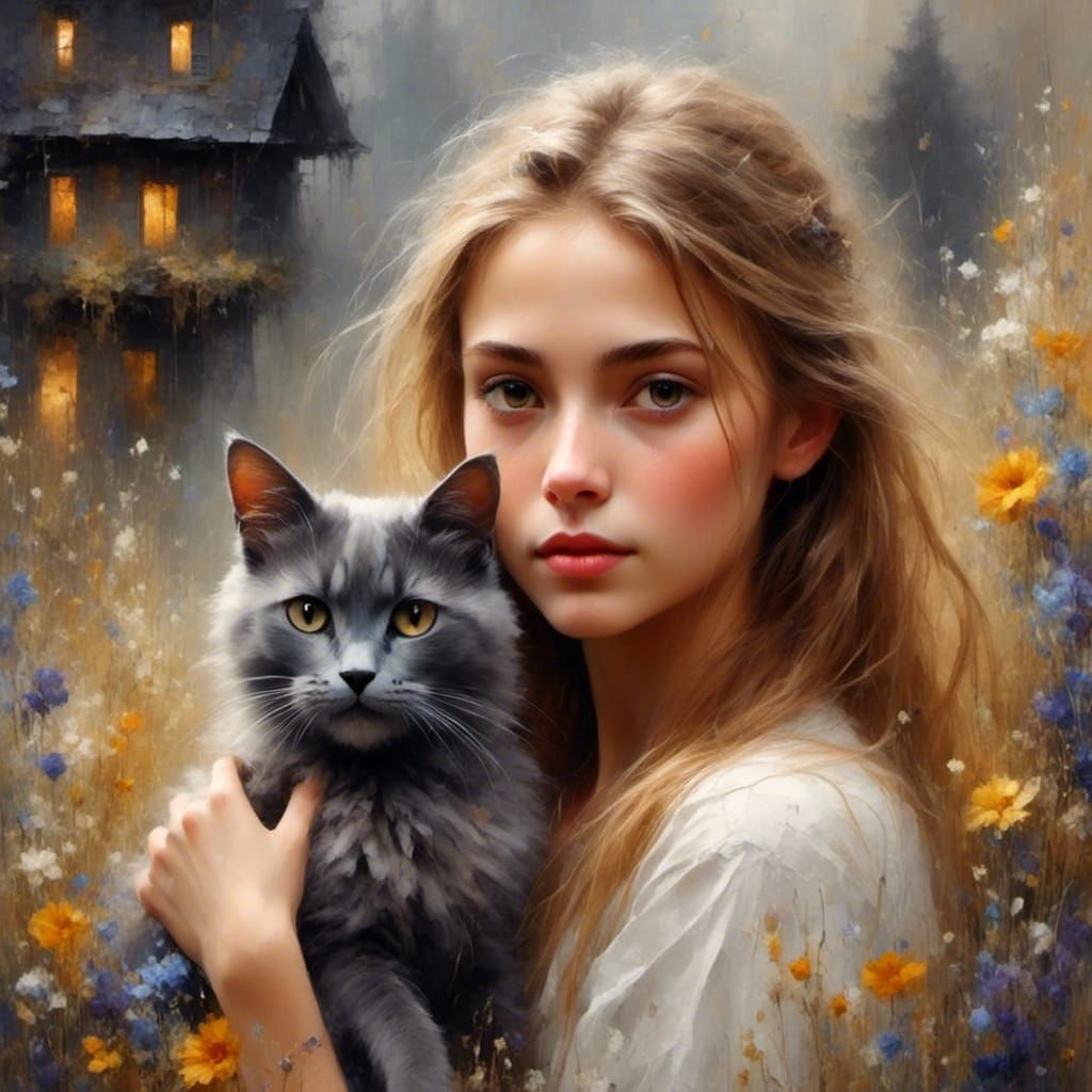 Girl with Cat: Impressionistic Portrait