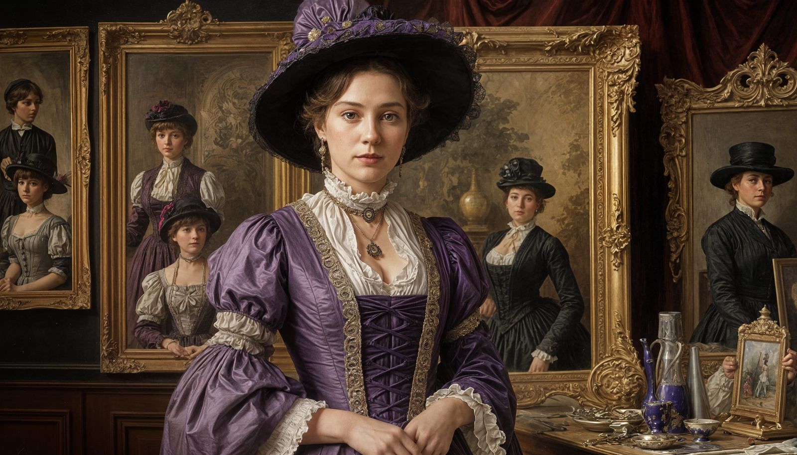 Victorian Lady in Elegant Atelier Attire, Painted in Rich Co...