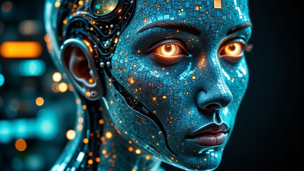 Glowing Cyborg Woman in a Holographic Double Exposure