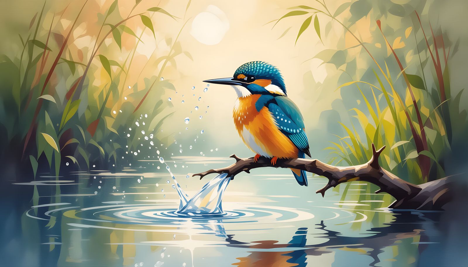 Kingfisher Over River in Neo-Impressionist Oil Style