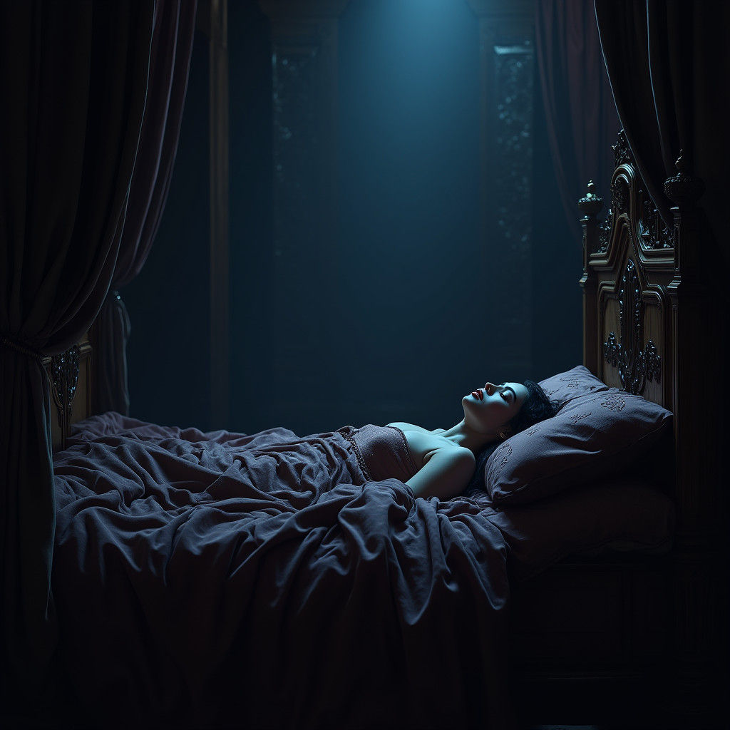 Melancholic Woman in Baroque Bed, Surreal Art