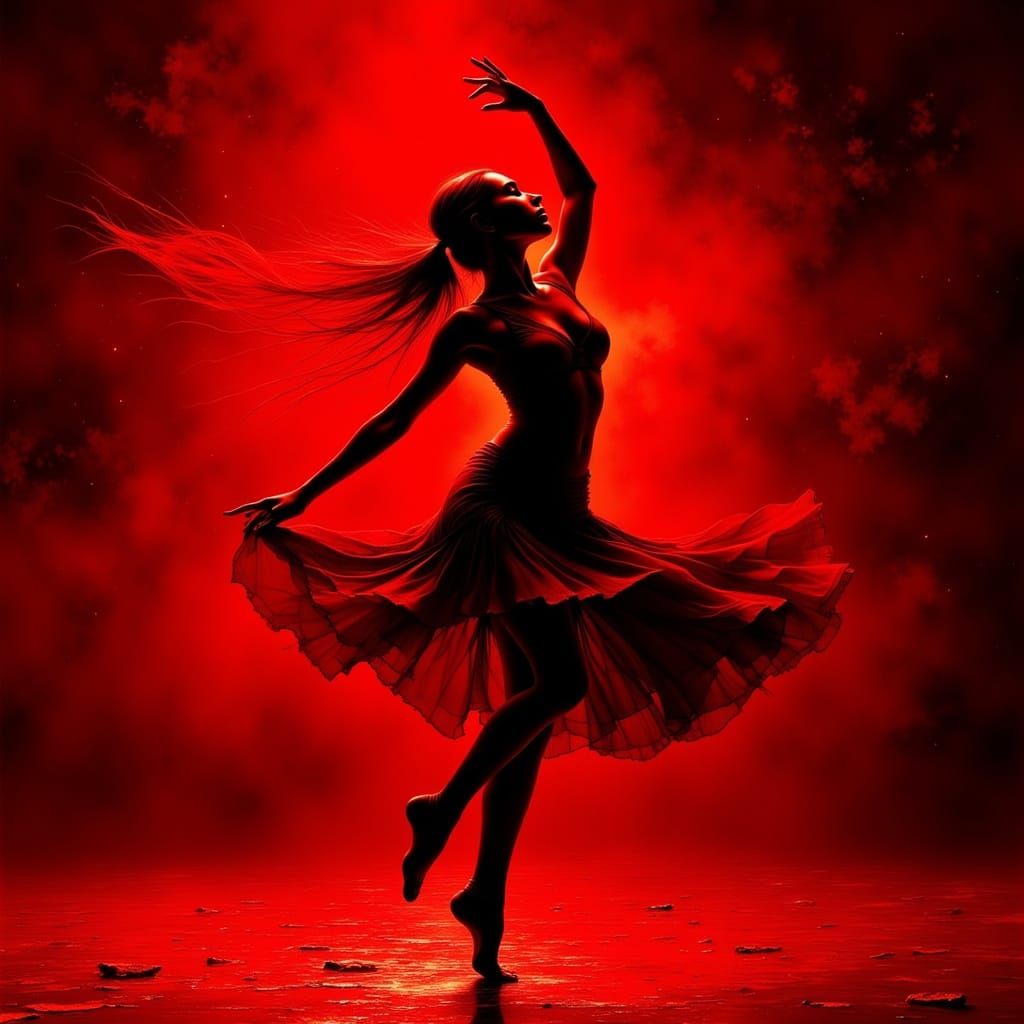 Dynamic Red Dancer in Ink Wash Style