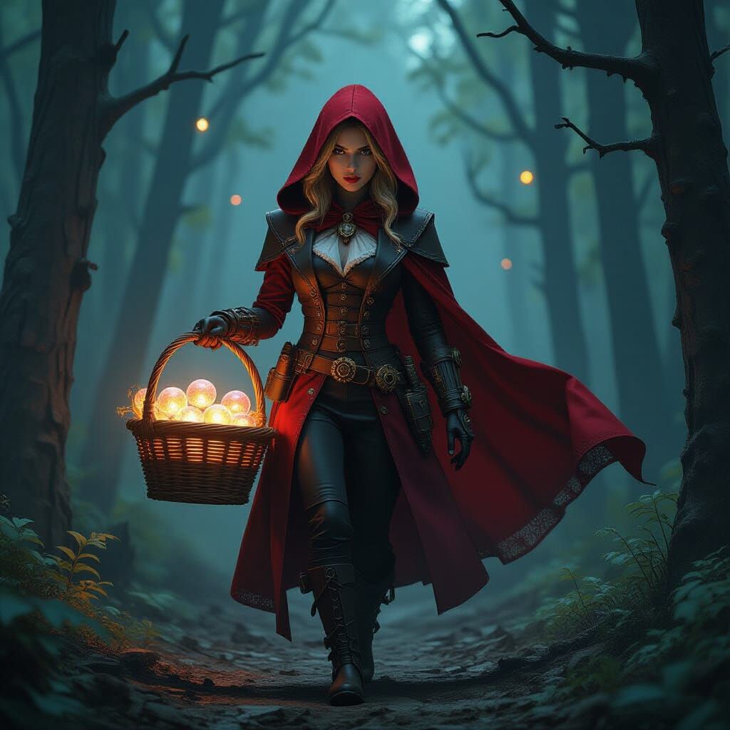 Steampunk Red Riding Hood in Metallic Forest