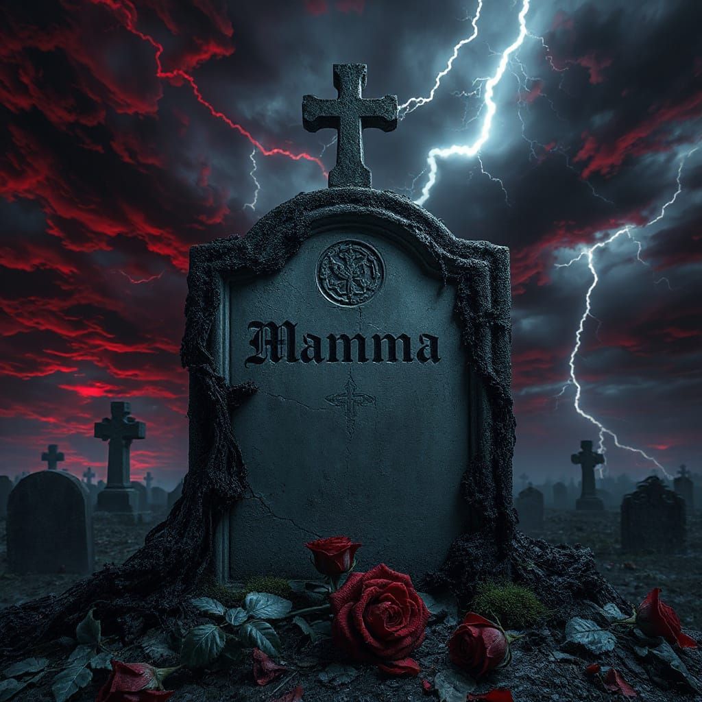 Gothic Graveyard: Eerie Red Glow in Storm