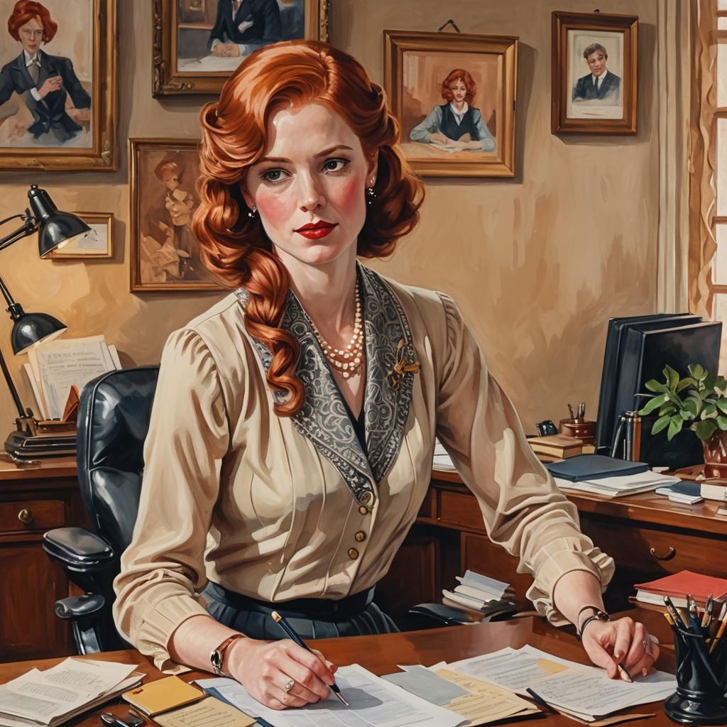 Redhead Secretary in 1920s Gouache Style