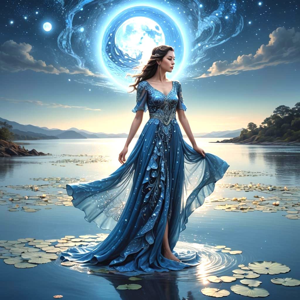 Blue Lake with Lotus and Moon in Detailed Digital Art