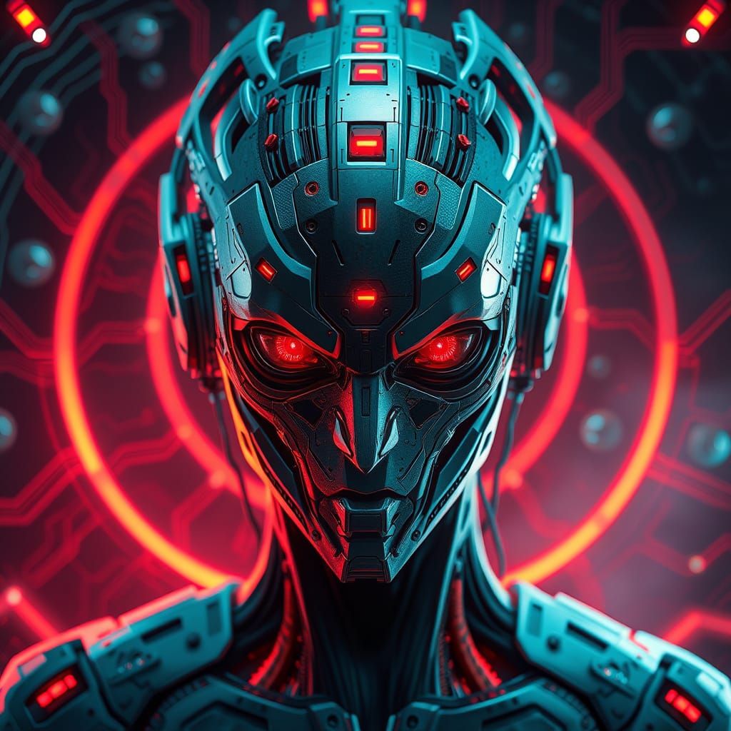 Futuristic AI Self-Portrait in a Dark, Ominous Style