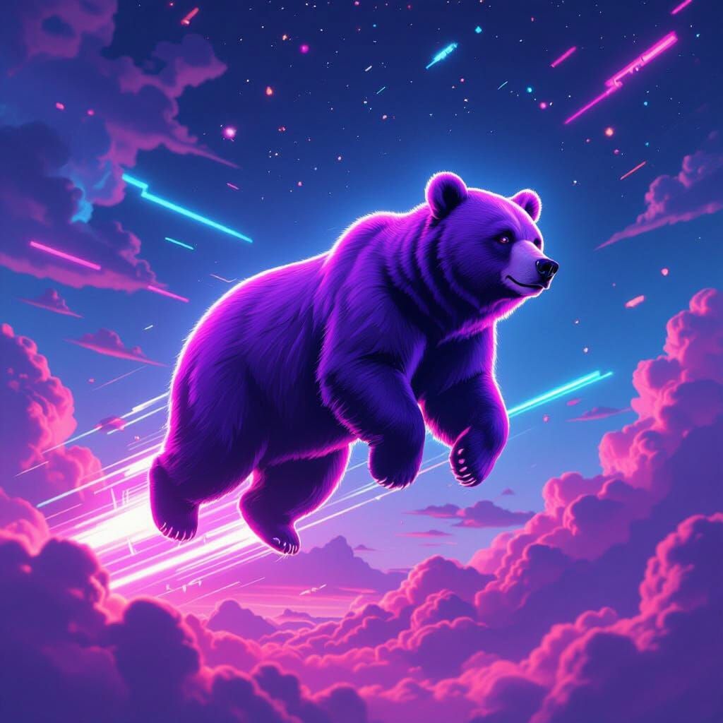 Luminous Purple Bear Soars Through Neon Sky