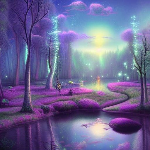 Fantasy Night Sky Reflected in Lake, Digital Illustration