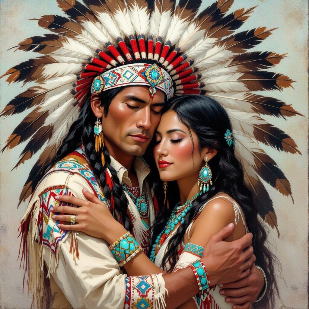 Native American Couple's Loving Embrace with Cloisonne Glow