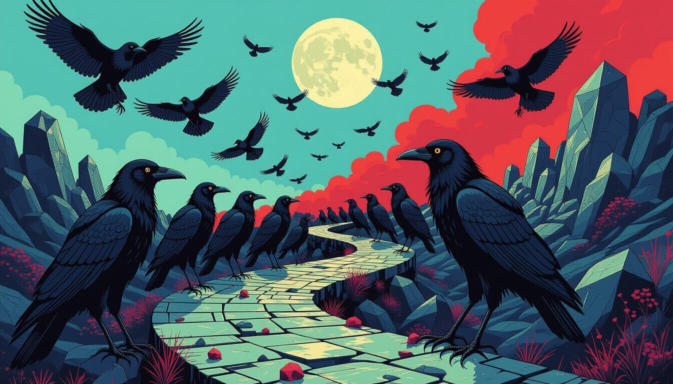 Surreal Raven Gathering in Dark Fantasy Landscape