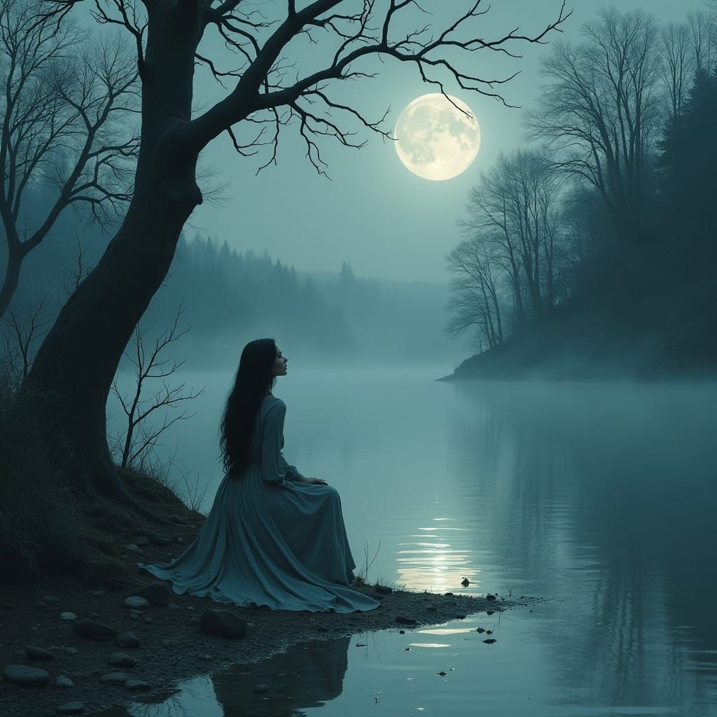 Mystical Woman by the Moonlit Lake