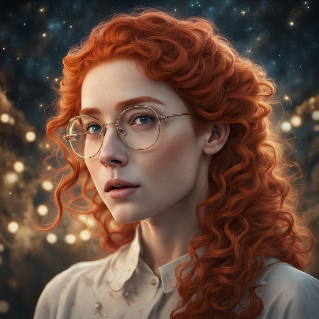 Redhead Portrait with Unicorn Bunny, Fantasy Concept Art