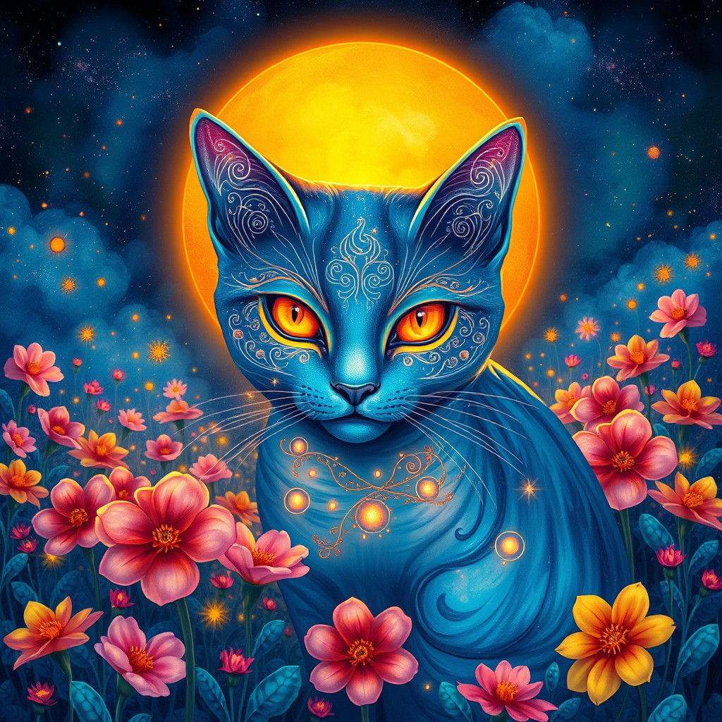 Dreamlike Blue Cat in a Kaleidoscopic Flower Field