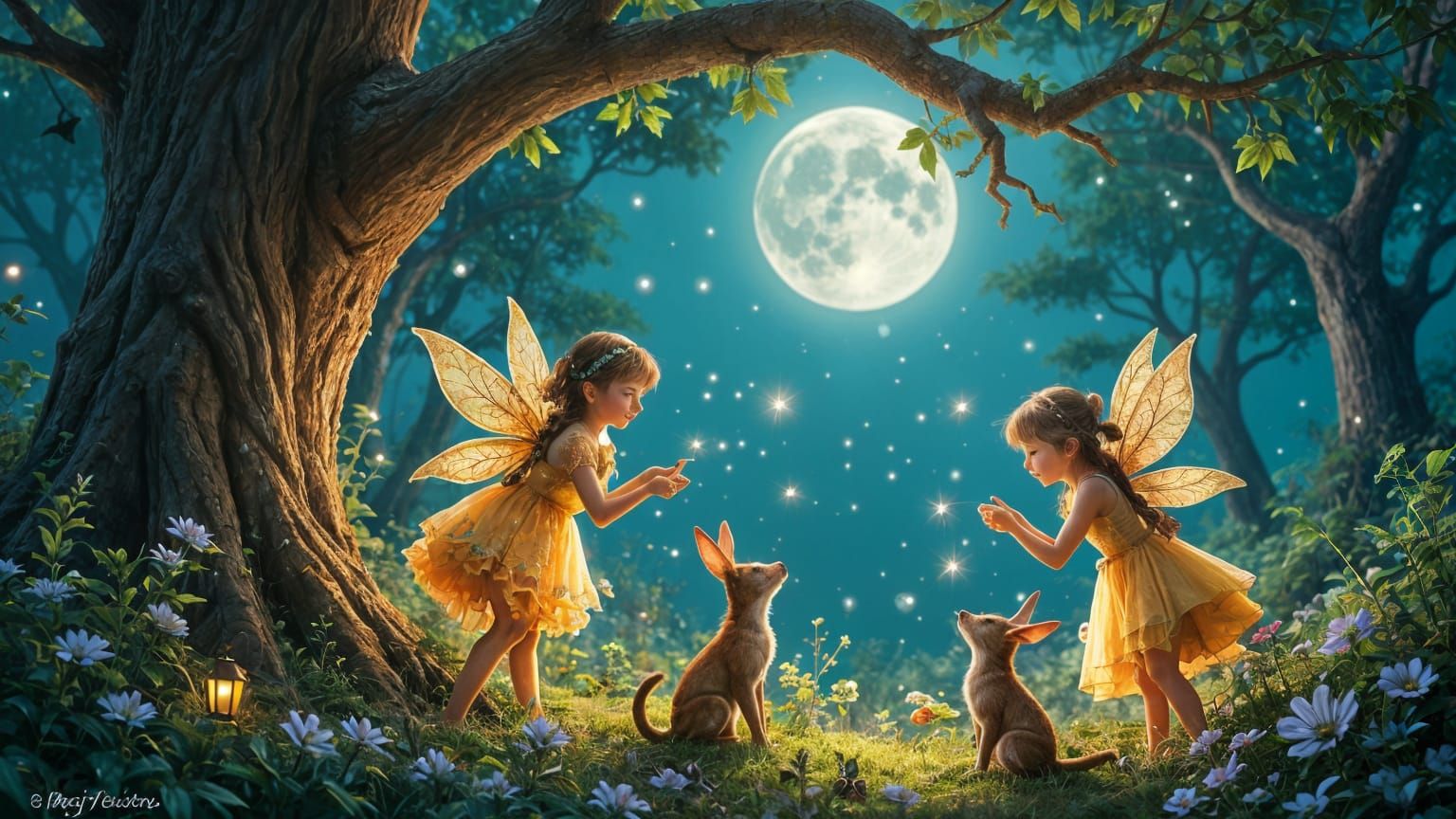 Mischievous Fairies Play Pranks in Moonlit Forest