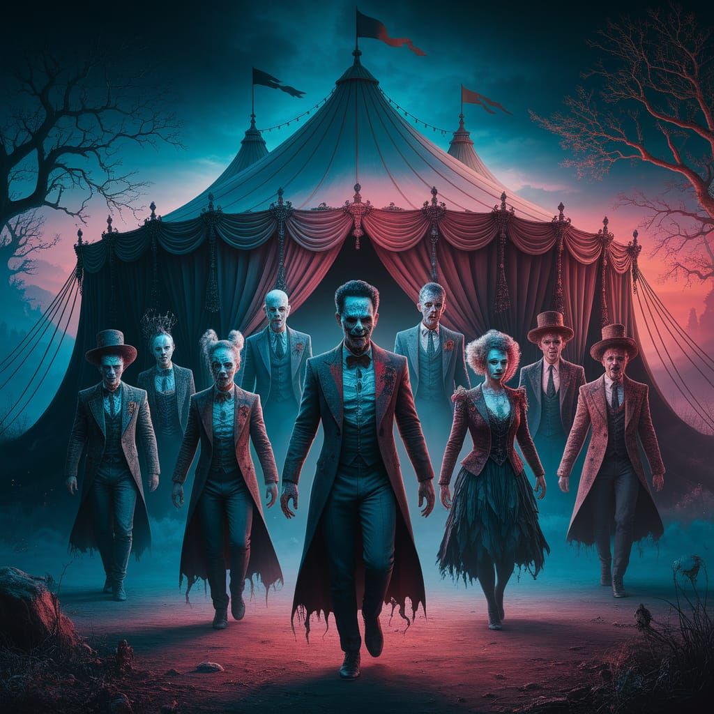 Eerie Circus Performers Emerge in Twilight Landscape