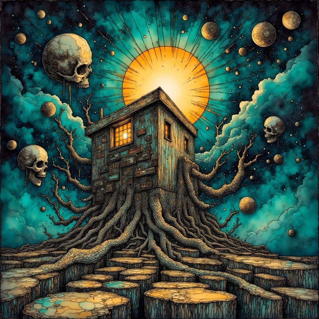 Dark Energy Doom Sky in Retro Woodblock Style