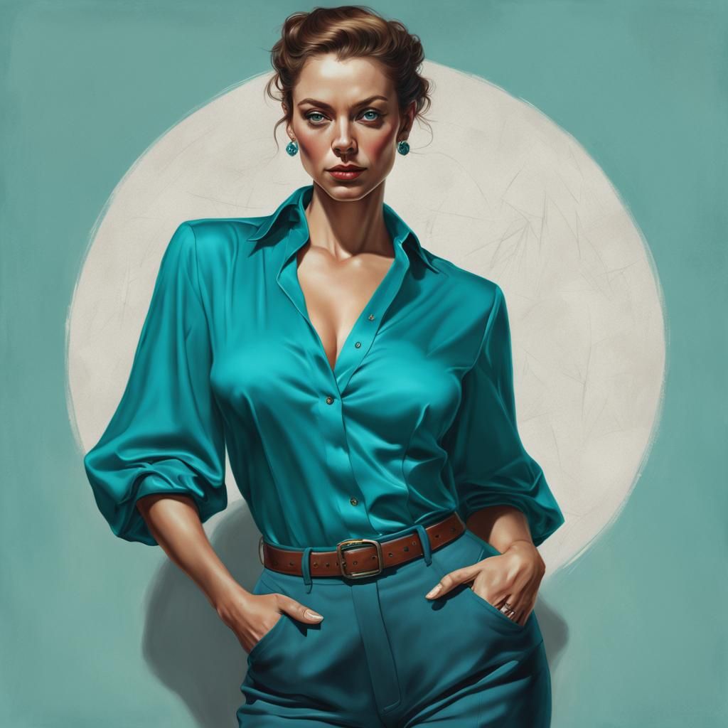 Gorgeous Woman in Turquoise Blouse: Hyperrealistic Portrait