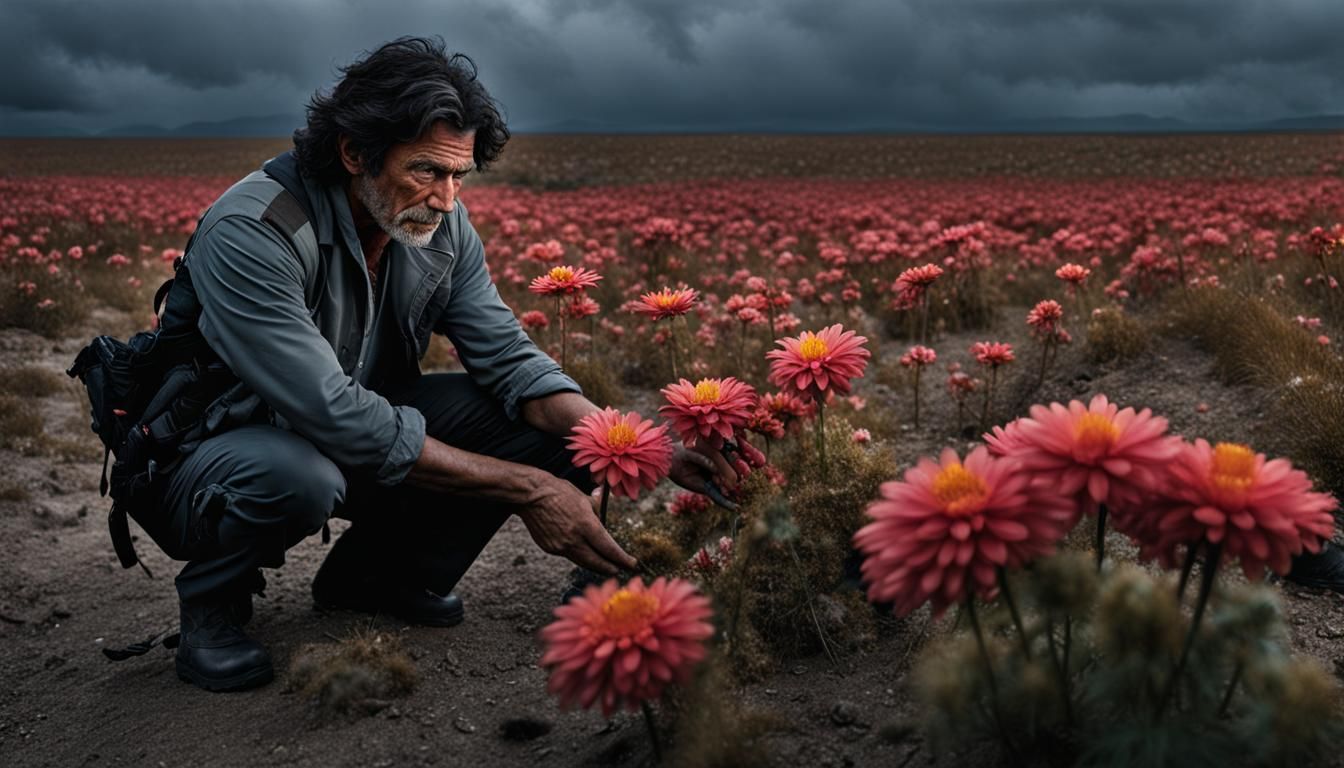 Muscular Man Examines Flower in Post-Apocalyptic Setting