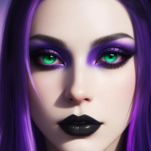Beautiful gothic young lady with long purple hair and light green eyes with purple eyeshadow with black eyeliner and bla...