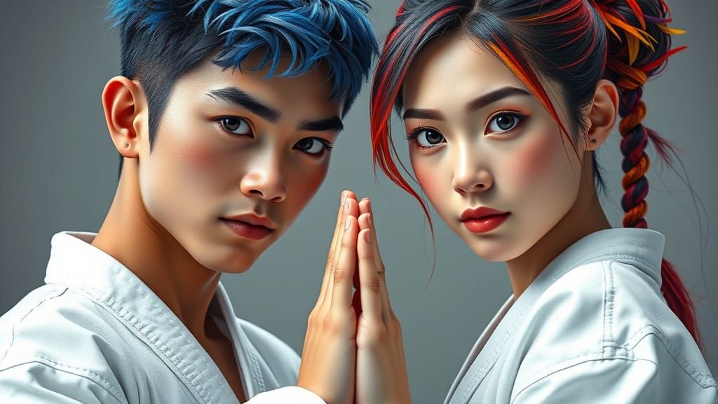 Karate Duo in Fighting Pose: Cel-Shaded 3D Render