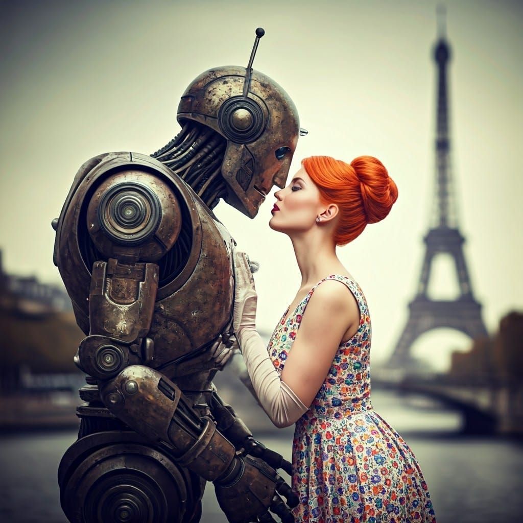Retro Woman Kissing Robot in Cloudy Paris