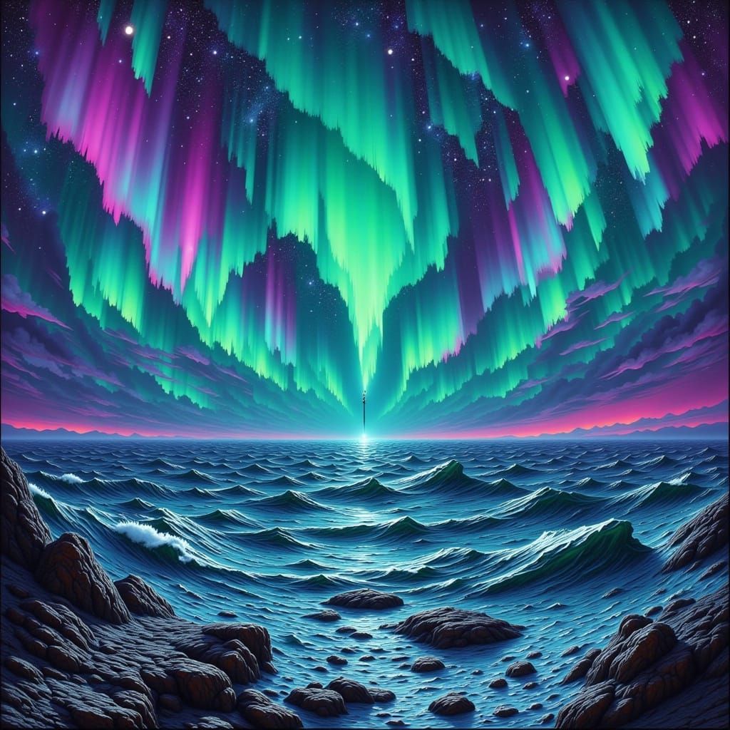 Vivid Aurora Borealis Over Lighthouse Ocean Seascape