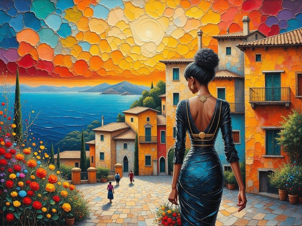 Black Woman Walking Past Italian Villas, Impasto Painting