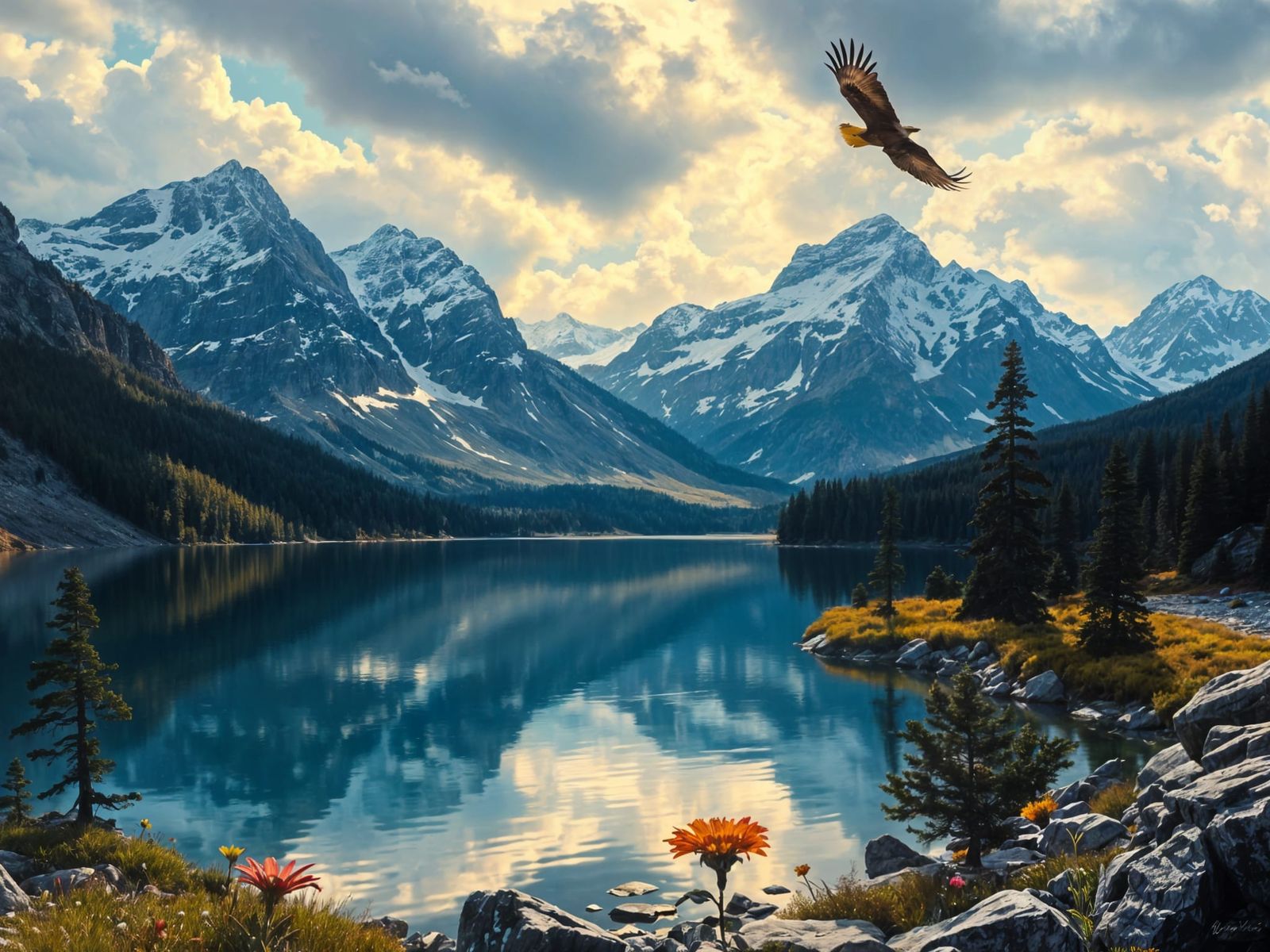 Bierstadt-Style Mountain Lake Landscape with Eagle