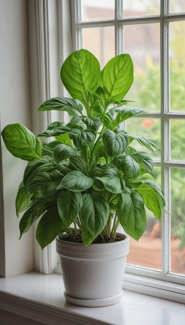 Botanical Illustration of Fresh Basil on Sunny Windowsill