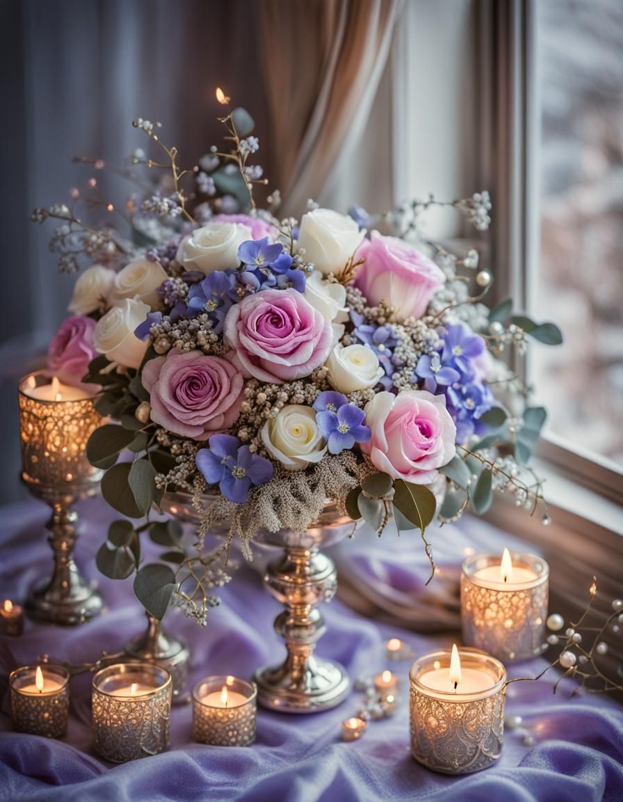 Floral Bouquet with Roses, Pearls and Candles