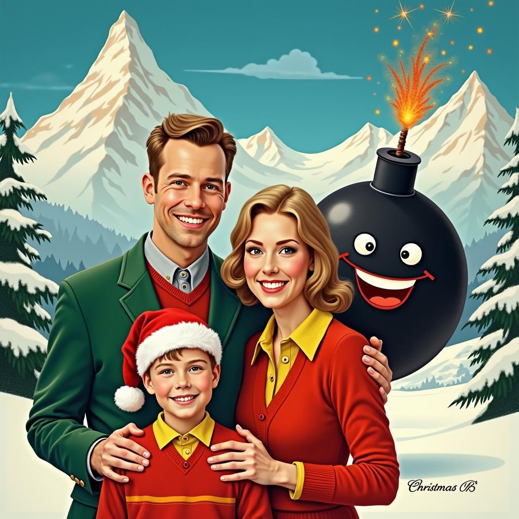 Festive Family Photo with Bomb in Mary Blair Style