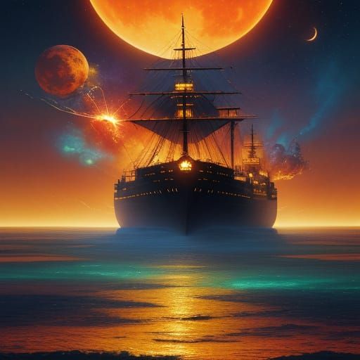 Ship Sails Through Molten Skies: Surreal Digital Art