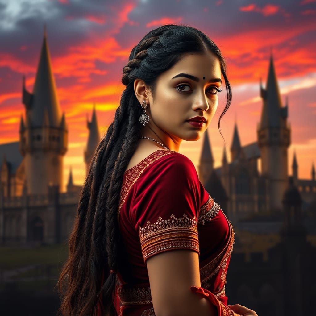 Confident Young Woman in Burgundy Lahenga Before Hogwarts Ca...