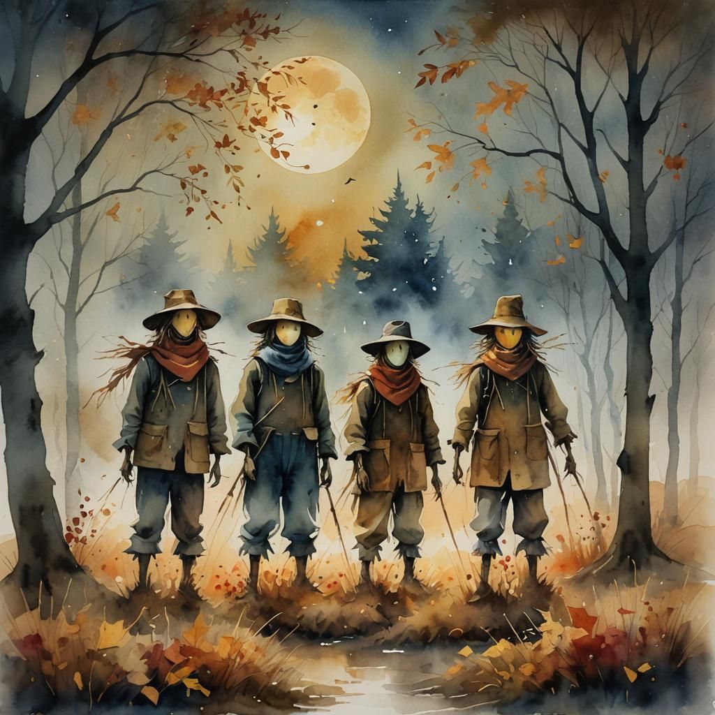 Scarecrows in Moonlit Autumn Landscape: Watercolor Painting