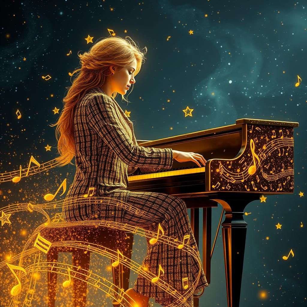Golden Muse at a Piano in Space