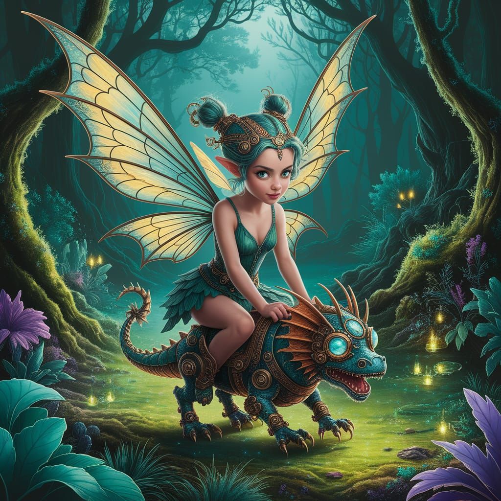 Fairy Rides Steampunk Dragon Through Bioluminescent Forest