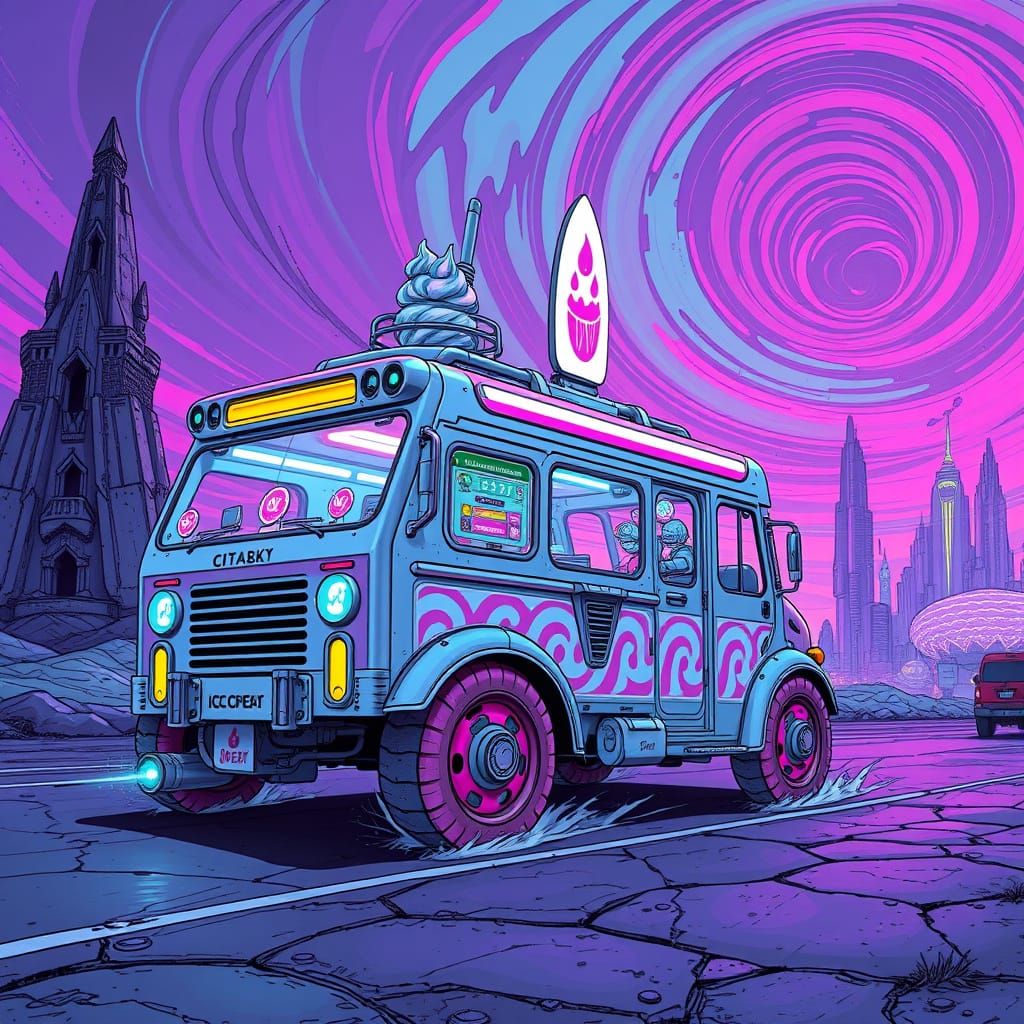 Futuristic Ice Cream Truck in Alien Metropolis