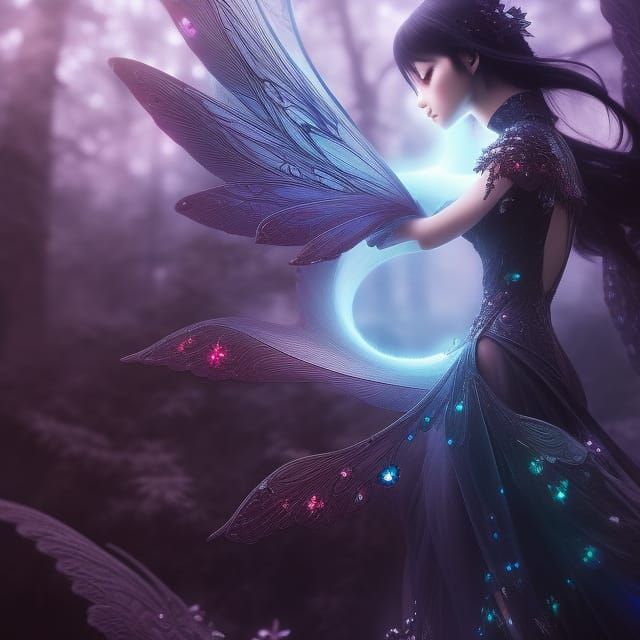 Gothic Crystal Fairy with Black Wings in Anime Style