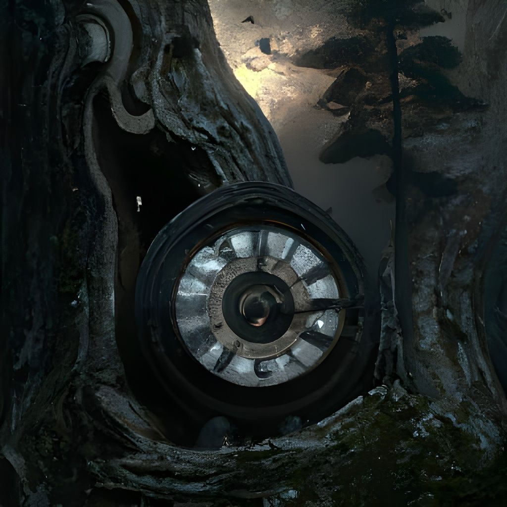 Ornamental Clock in Decaying Tree: Dark Forest Photo