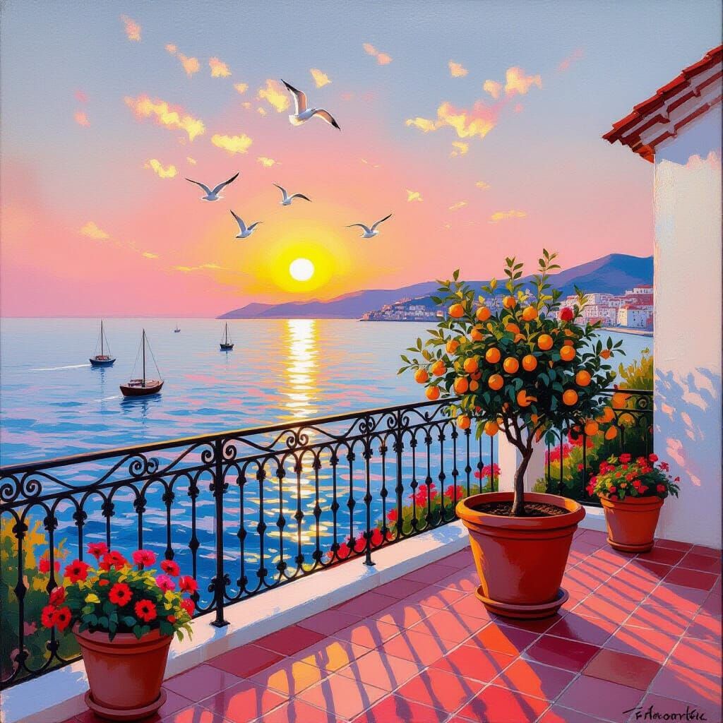 Terrace Overlooking Sea at Sunset in Oil Painting Style
