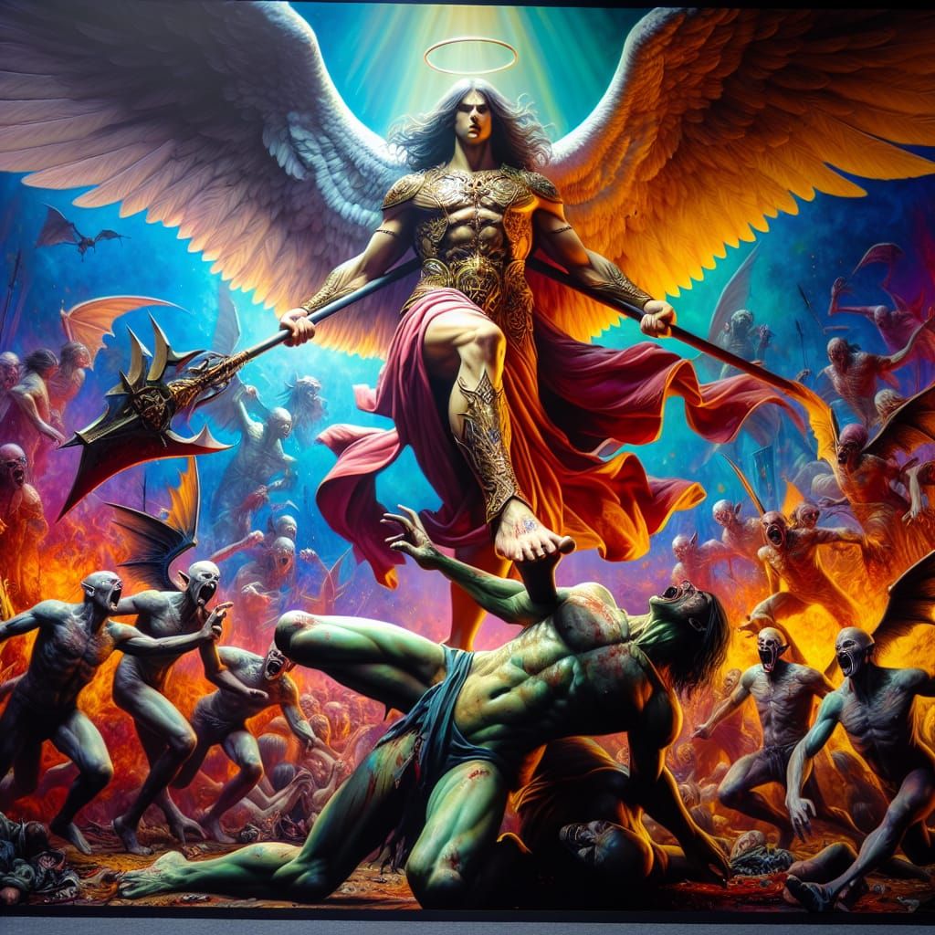 Dominant Angel Over Fleeing Demons in Hyper-Realism