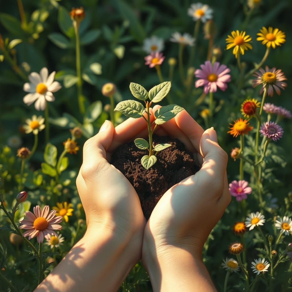 Gentle Hands Nurturing Seedling in Lush Garden