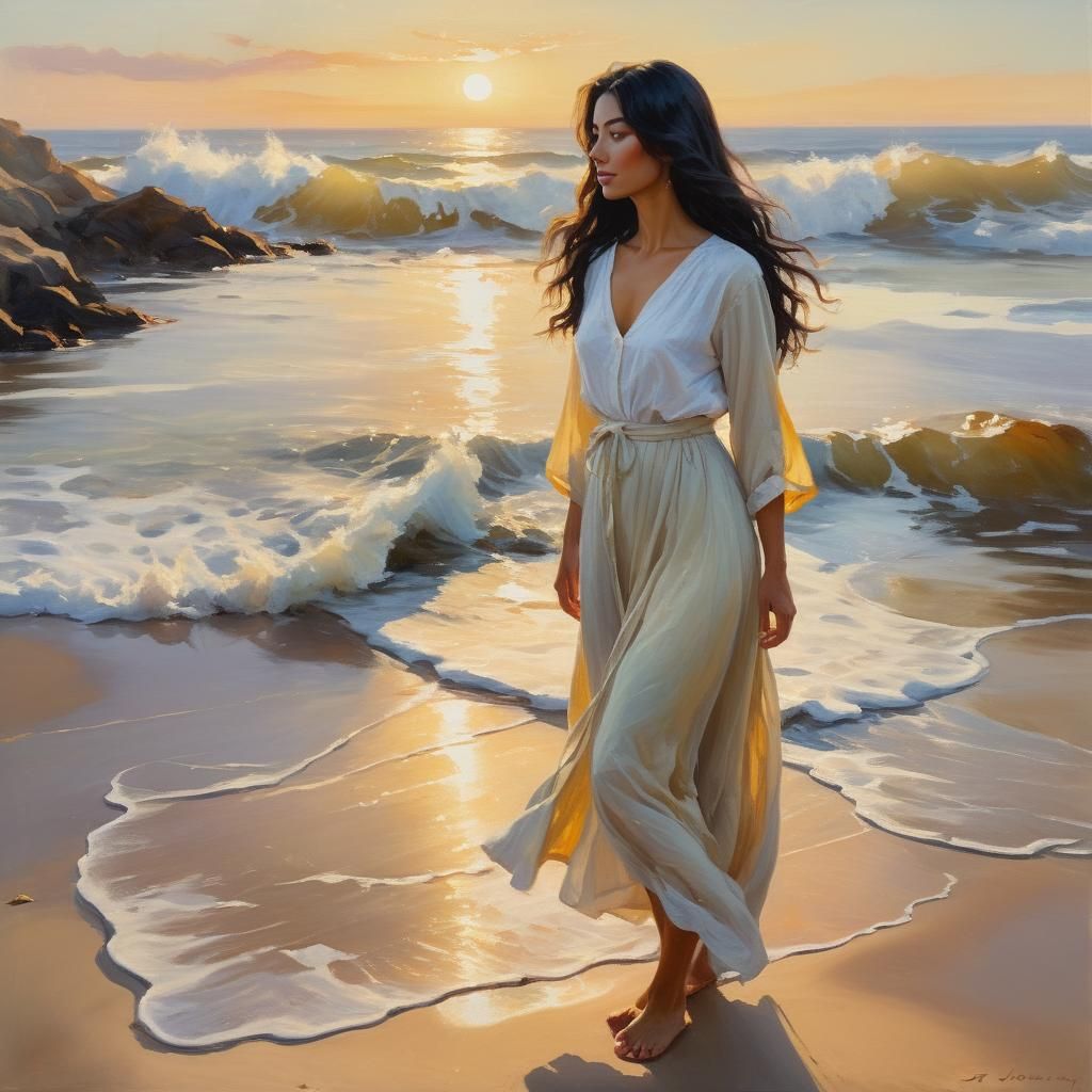 Woman at Shore in Golden Sunlight: Impressionist Oil Paintin...