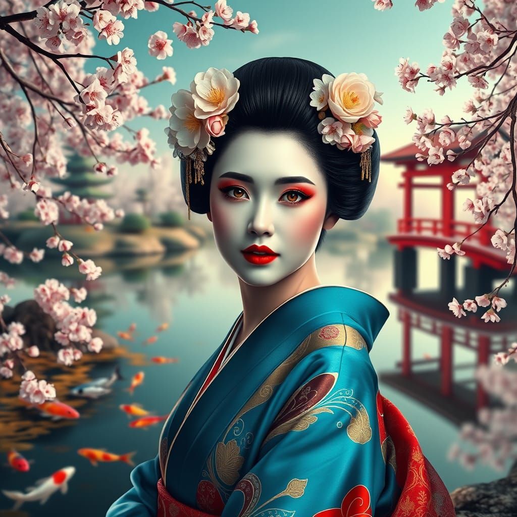 Elegant Geisha in Vibrant Blue-Red Kimono, Surrounded by Che...