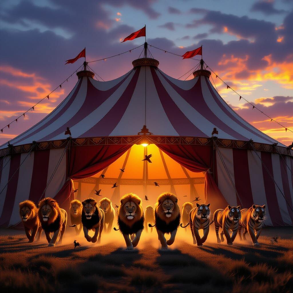 Animals Fleeing a Circus Tent at Dusk